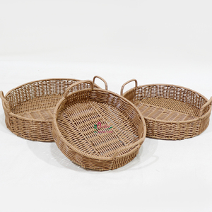 Handmade Rustic Eco Friendly Rattan Wicker Round Serving <b>Basket</b> <b>Tray</b> Set Nesting Handles - Product Image 3