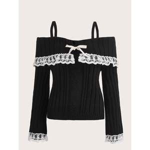 Pulls à manches longues et épaules dénudées pour femmes avec pulls en tricot de dentelle Tops Bow Front Jumper en noir-Taille S - Product Image 1