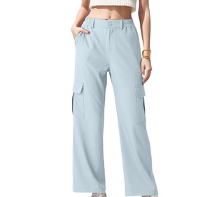 Pantalones Cargo de Cintura Alta para Mujer, Color Azul Claro Sólido, Corte Holgado, Cintura Elástica, Largos, Casuales, Transpirables, de Tela Tejida para Verano - Product Image 1