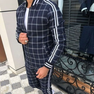 2021 Latest Style Men's Check Print Sublimated Bomber <b>Jacket</b> Tracksuit Zip Enclosure Ribbed Hem & Cuffs Stripe Zipper Sweat Suit - Product Image 2