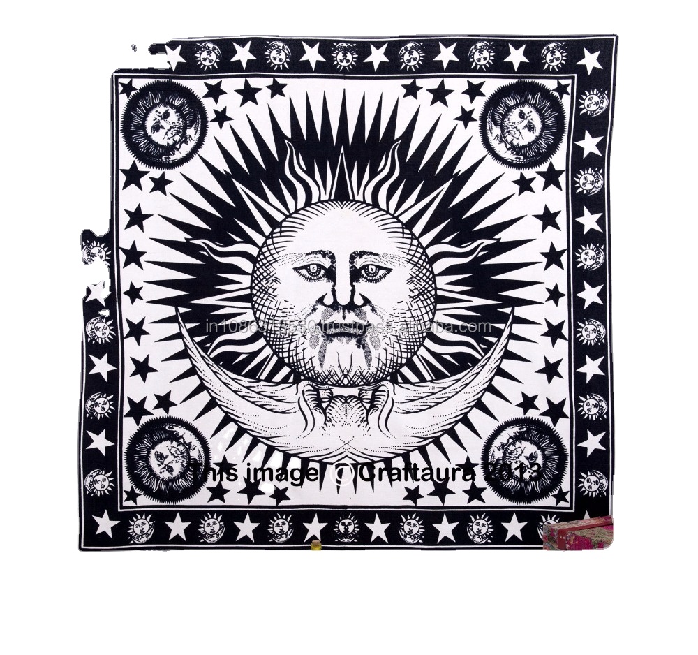 Tapetes de parede para pendurar colcha de sol e lua, tapete boêmio hippies indianos, branco e preto, mandala decorativa étnica