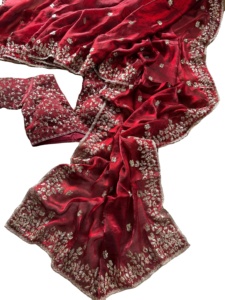 Pure Soft Fandy <b>Satin</b> Silk Saree with Amazing Embroidery and Multi Borders Stitched <b>Blouse</b> for Wedding and Party - Product Image 6