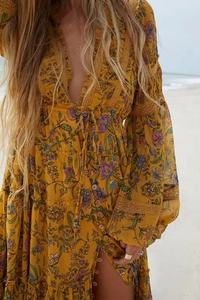 Vestido largo Maxi de algodón estampado Vestido largo de manga larga para la playa Vestido Maxi para mujer Vestido de verano de playa floral para mujer - Product Image 2