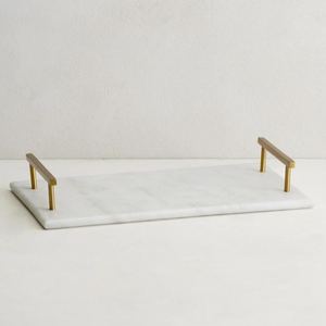 Wholesale Luxury White Marble <b>Serving</b> <b>Tray</b> Bulk Hotel Platter with Elegant <b>Gold</b> Metal Handles and Modern Rectangular Design - Product Image 1