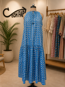 Blue Plaid Sleeveless Halter Lace-<b>Up</b> Maxi <b>Dress</b> Pleated Breathable 100% Cotton Woven Formal Style Natural Waist A-Line <b>Adults</b> - Product Image 2