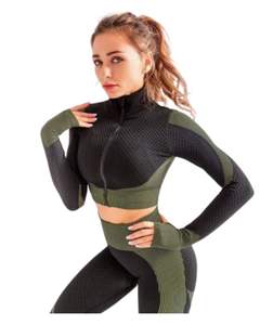 Conjunto Deportivo Jacquard Sin Costuras para Mujer, 2 Piezas, Leggings de Nylon de Cintura Alta Elástica con Top Deportivo de Manga Corta, Ropa de Yoga - Product Image 4