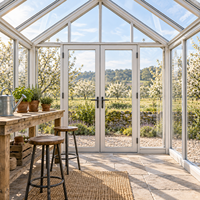 Serre de jardin moderne en aluminium avec toit en verre à pignon et portes françaises pour studio de potager, usage extérieur et parcs