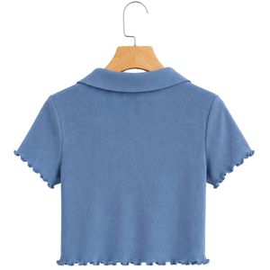 เสื้อโปโลครอปแขนสั้นผู้หญิงสีน้ำเงิน ผ้าริบถัก ทรงเข้ารูป คอวี ผ้าฝ้ายผสมสแปนเด็กซ์ ยืดได้ สวมใส่สบาย แฟชั่นฤดูร้อน - Product Image 2