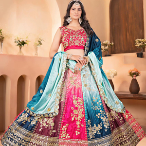 ชุดเลเฮนกาโชลีสำหรับงานแต่งงานและงานปาร์ตี้สำหรับผู้หญิง ดีไซน์ใหม่ ผ้าชีนอน ตกแต่งด้วยงานปักเลื่อม พร้อมผ้าคลุมไหล่แบบดั้งเดิม เหมาะสำหรับทุกฤดูกาล - Product Image 1