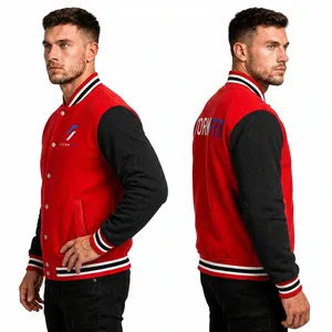 Blouson universitaire unisexe rouge et noir, coupe classique, col montant, couleur unie, décontracté, pour l'hiver, en laine et cuir, coupe-vent, respirant, haute qualité - Product Image 5