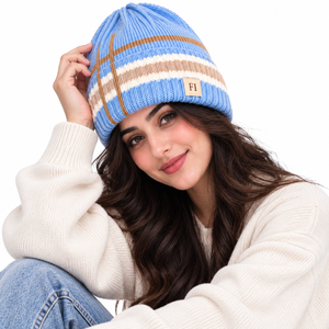 Wholesale Stretch Acrylic Knit Beanies Custom Contrast Stripe Pattern Folded Cuff Logo Patch Winter Cap Unisex <b>Warm</b> Fashion <b>Hats</b> - Product Image 2