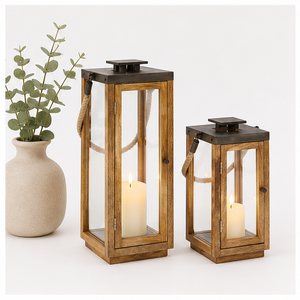 Handcrafted Rustic Wooden <b>Lantern</b> with Jute Rope Handle & Matte Black Metal Top <b>Large</b> Decorative Candle Holder for Home Decor - Product Image 2