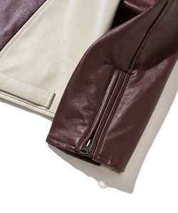 Men's <b>Burgundy</b> PU <b>Leather</b> Moto <b>Jacket</b> Color Blocking Stand Collar Zipper Closure Autumn Wear - Product Image 3