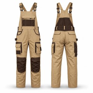 Salopette de travail OEM pour hommes en polyester respirant, avec empiècements contrastants, genoux renforcés, bretelles réglables, vêtements de travail utilitaires pour usine - Product Image 1