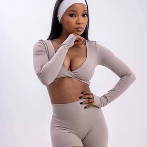 Custom Women's Clothing 2 Pieces <b>Set</b> Women Cross V-Neck Long Sleeve <b>Crop</b> <b>Top</b> Biker Shorts Women's <b>Sets</b> Wholesale Factory - Product Image 6