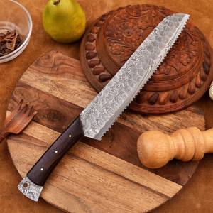 Handmade Best Supplier Cooking Damascus Steel Chef <b>Knife</b> <b>Bread</b> <b>Knife</b> Olive Wood Handle Leather Sheath Serrated Edge Right-Handed - Product Image 5