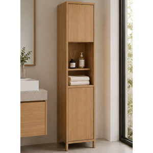 Modern Teak <b>Wood</b> <b>Bathroom</b> Storage Tower with 2 Doors and Center Open Shelves - Product Image 3