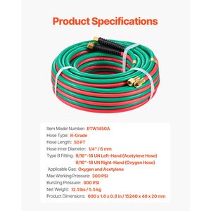 Tubo Doppio Ossigeno-Acetilene 1/4 Pollici X 50FT con Raccordi 9/16"-18 LH/RH B Fitting, Torcia per Saldatura Grado R, Tubo Ossigeno-Acetilene 50FT - Product Image 2