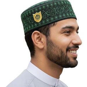Muslim Kufi Prayer <b>Hat</b> for <b>Men</b> Skull Cap Unique Design <b>Beanie</b> Embroidered Round Topi Satin Canvas - Product Image 1