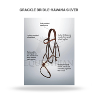 Bridon d'équitation anglais GRACKLE BRIDLE HAVANA SILVER taille complète pour le contrôle du saut d'obstacles