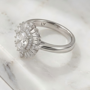 Oval Cut <b>Sunflower</b> Engagement <b>Ring</b> Brass Rhodium Plated Vintage Baguette Diamond Halo <b>Ring</b> for Bridal Jewelry - Product Image 4