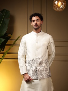 <b>Men</b> White Silk Koti <b>Kurta</b> Pajama Set With Embroidery Regular Fit Traditional Indian Pakistani Knee-Length Wedding Wear - Product Image 4