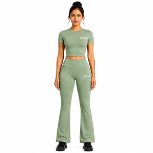 Customized Women's Yoga Set Short Sleeve Crew Neck <b>Crop</b> Top Flare <b>Leggings</b> 2 Piece Activewear High Waist Gym Tracksuit OEM ODM - Product Image 1