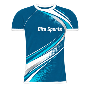 Maillot de compression athlétique à manches courtes, col ras du cou, motif vague, pour entraînement de performance, couleur Teal White - Product Image 1