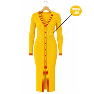 Cosh International Sorority Sisterhood Yellow Knitted Long Sleeve V-Neck <b>Cardigan</b> Dress With Front Slit And <b>Button</b> Closure - Product Image 5