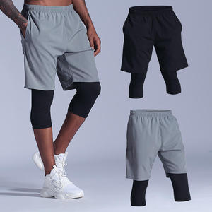 <b>Men</b> Sporty Bermuda <b>Shorts</b> With Compression Inner Layer Quick Dry Spandex Polyester Solid Color Elastic Waist Pockets Gray <b>Black</b> - Product Image 1