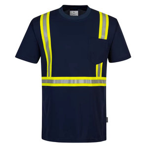 เสื้อยืดสะท้อนแสงสีน้ำเงินกรมท่าสำหรับผู้ชาย เสื้อทำงานแบบมองเห็นได้ชัดเจน ผ้าฝ้าย 100% ระบายอากาศได้ดี มีกระเป๋าหน้าอก พิมพ์ลายซิลค์สกรีน - Product Image 2