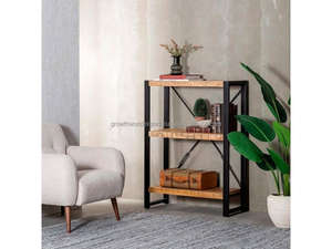 Étagère de rangement et bibliothèque industrielle moderne en bois massif et métal à 3 niveaux pour salon, chambre et bureau, 1,5 m+ - Product Image 2