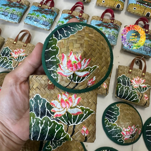 Handwoven Natural Grass Craft Round <b>Basket</b> Mat Decorative Palm Placemat with Carry Handle Rustic Christmas <b>Gift</b>-CARYLN - Product Image 1
