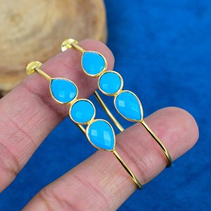 Pendientes de Aro en Espiral con Turquesa Azul Natural en Forma de Pera, Chapados en Oro de 18k sobre Plata de Ley 925 - Product Image 4