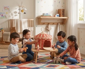 Cesta de Mimbre Tejida a Mano con Diseño de Rayas Rojas y Naturales y Tapa con Bisagras para la Habitación de los Niños y Decoración de la Guardería - Product Image 5