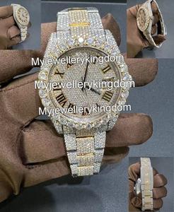 Luxury Men's Round Antique Moissanite <b>Diamond</b> <b>Watch</b> Full Iced White Yellow Gold Plating Hip-Hop Style Stainless Steel Band - Product Image 4