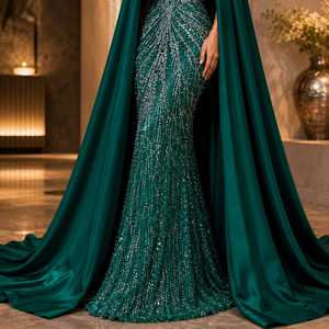 Vestido de Noche Verde Esmeralda con Lentejuelas, Estilo Sirena, para Mujer, con Capa Desmontable, Diseño Premium, Vestido Largo Formal, para Cóctel, sin Tirantes - Product Image 4