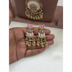 <b>Indian</b> Ethnic Shalini Premium Chorski Long Gold Plated Bridal Necklace & Earring <b>Set</b> - Product Image 3