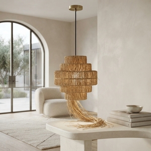 Abat-jour suspendu en bois de teck tressé à plusieurs niveaux, fait main, moderne, écologique, léger, pour table, lustre, décoration intérieure - Product Image 4