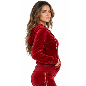 <b>Womens</b> Rhinestone Velvet Tracksuit Two Piece Zip Up Hooded Jacket and Straight Leg <b>Pants</b> Set with Pockets Casual <b>Lounge</b> Wear Fit - Product Image 6
