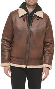 <b>Brown</b> <b>Leather</b> <b>Jacket</b> <b>Men</b> Zip Up Turn Down Collar Sherpa Lined Moto Biker Style Winter Outerwear - Product Image 5