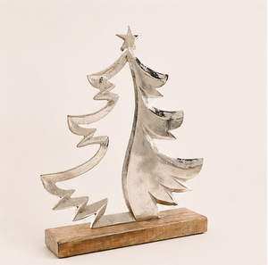 Handcrafted Silver Aluminum Christmas <b>Tree</b> Sculpture On Mango Wood Base Modern <b>Tabletop</b> Holiday Decor For Home And Office Decor - Product Image 5