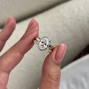 2 Carat E VVS2 Oval Lab Diamond Thick Bezel-Prong Set Cathedral Flush Fit <b>Engagement</b> <b>Ring</b> Set, <b>UNIQUE</b> Bridal Set - Product Image 3