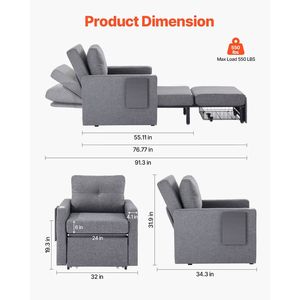 Divano Letto Convertibile con Tasca Laterale, Poggiabraccia e Tavolino, Schienale Regolabile in 5 Angolazioni, Misura Singola - Product Image 2