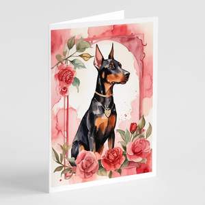 Doberman Pinscher Valentine Roses Whimsical A7 Tamaño 5x7 Tarjetas de notas en blanco Paquete 8 Tarjetas de felicitación en blanco con sobres - Product Image 1
