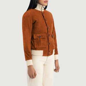 Chaqueta Bomber de Gamuza Marrón para Mujer, Manga Larga, Cuello Alto, Cierre de Cremallera, Estilo Otoñal, Servicio de Muestra Disponible - Product Image 6