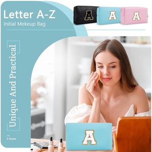 Borsa per il Trucco Personalizzata Blu con Cerniera, Graziosa Pochette da Viaggio in PU Chenille con Iniziale A-Z, Astuccio Cosmetico con Patch Iniziale - Product Image 3