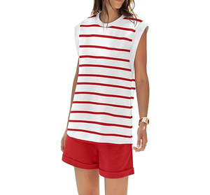 Conjuntos de 2 piezas de algodón satinado 100% para mujer, informales, de verano, con encaje, botones en el tobillo, cuello redondo, manga corta, atléticos para exteriores, venta al por mayor - Product Image 3