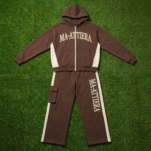 Ensemble sweat à capuche et pantalon cargo marron bicolore zippé pour homme, style streetwear oversize - Product Image 5