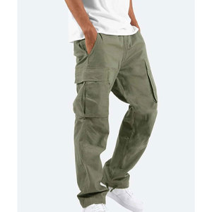 Pantalon cargo pour homme, taille élastique, plusieurs poches, en toile, décontracté, coupe droite, respirant, poids moyen, pour l'automne - Product Image 3